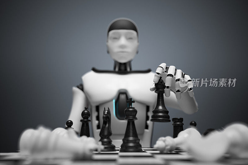 人形机器人正在下棋。人工智能的概念。3 d渲染插图。